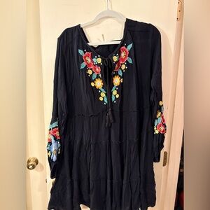 Free People Navy blue Embroidered Boho Tunic or Mini Dress with Floral Accents